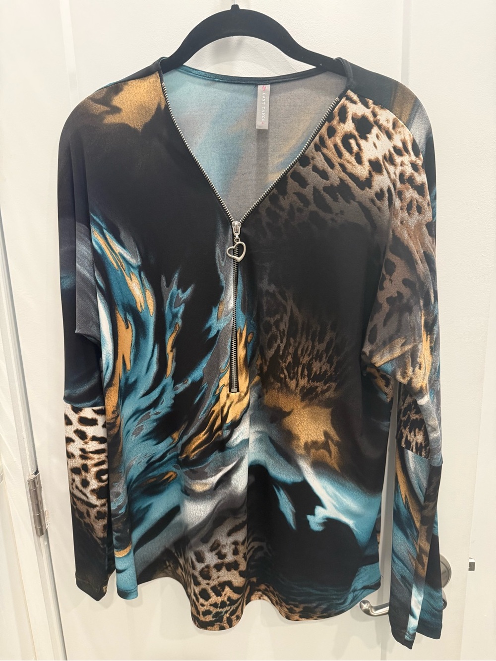 Last Tango Blue & Gold Animal-Print Zip V-Neck Long Sleeve Top